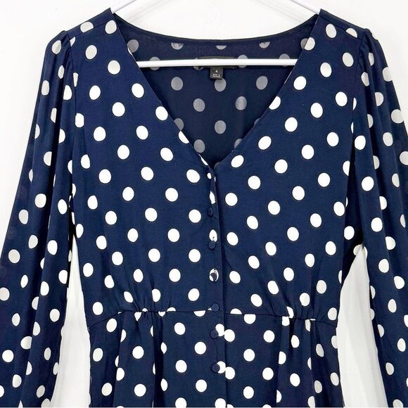 J. Crew Navy Blue White Polka Dot Crepe V Neck Button Front Peplum Blouse - Picture 8 of 16